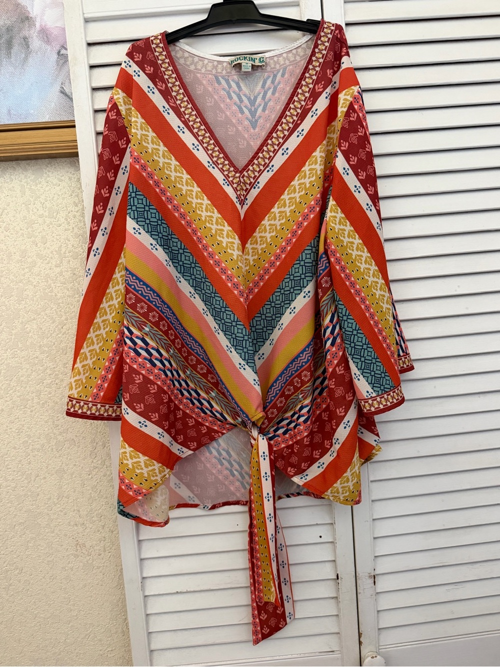 Rockin C V-Neck Multi-Color Relaxed Tie-Front Blouse